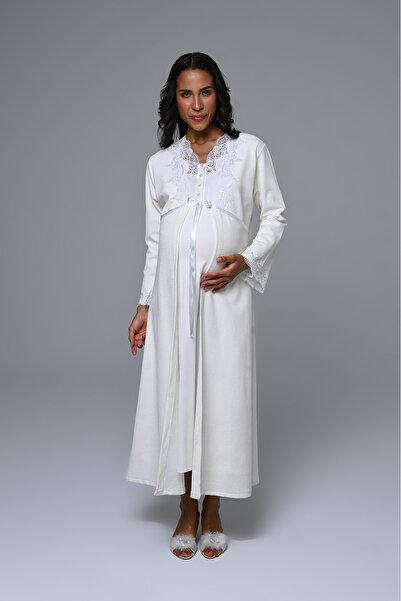 Marilyn Club Long Length Lace Robe Maternity-Nightgown for Pregnant Women 2-Piece Set