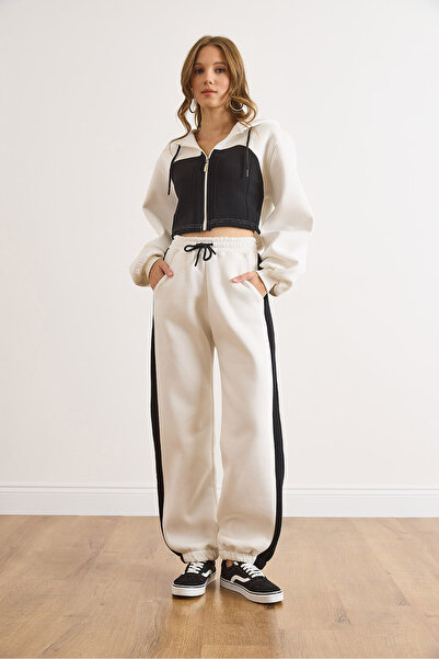 Olalook Women's White Color Detailed Embroidered Thick Winter Tracksuit Set Etkm-0000073