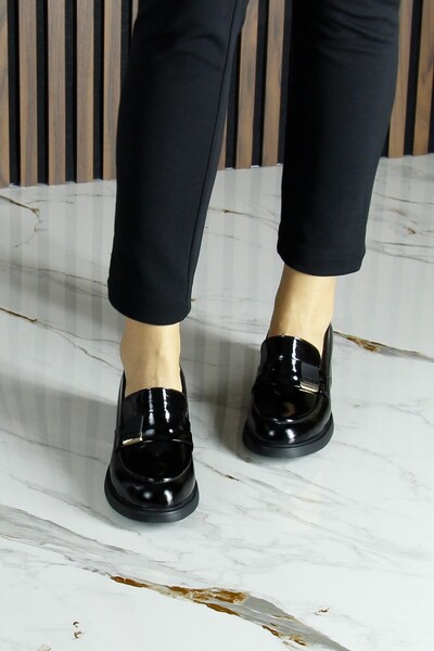 Erkan Saçmacı Black Patent Leather Genuine Cowhide Buckle Thick Heeled Casual Loafer Shoes