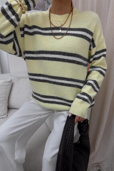 mylove Çizgili Oversize Triko Kazak Sarı