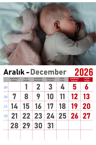 Orkide Matbaacilik Takvim - Spiralli 12 Yaprak 32x47 Cm -Bebek Resimli Kuşe Kağıt Duvar Takvimi - 2026