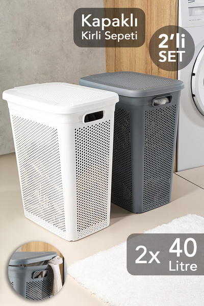 Meleni Home 2'li Kirli Çamaşır Sepeti Seti - 40 Litre Kapaklı Delik Detaylı Stash Slim Kirli Sepeti Beyaz Gri