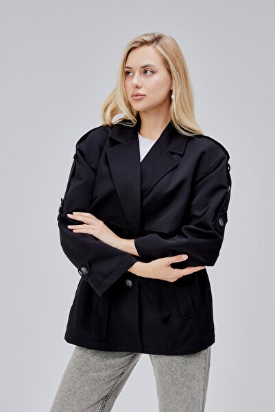 Bolivente Oversize Siyah Rüzgarlık Detaylı Beli Kuşaklı Trençkot