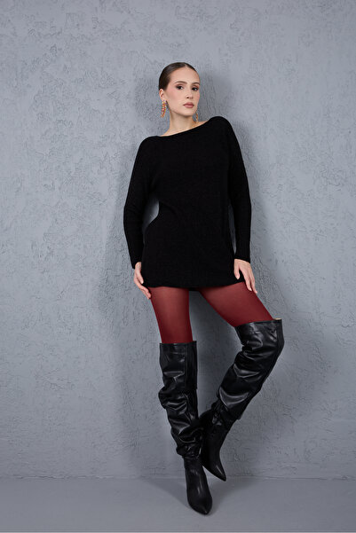 Moda Days Pulover de damă negru cu mâneci raglan, cu gât barcă, tricotat cu sclipici