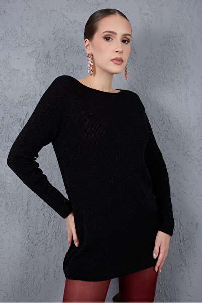 Moda Days Pulover de damă negru cu mâneci raglan, cu gât barcă, tricotat cu sclipici