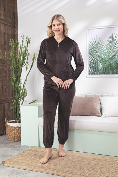 Asel Kadın Kapşonlu Koyu Kahverengi Renk Kadife Uzun Kollu Lastikli Takımı