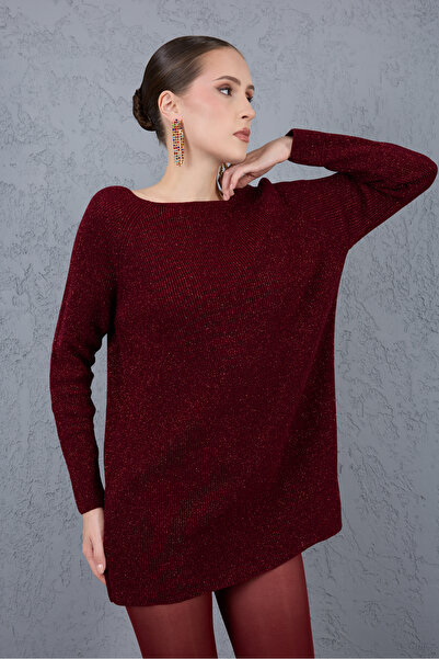 Clothes Fast Women's Burgundy Raglan Sleeve Boat Neck Glittery Knit Sweater