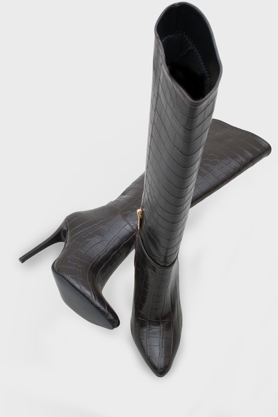 LOJO Γυναικείες μπότες με μυτερή μύτη με φερμουάρ στο πλάι καθημερινά Masi Brown Crocodile