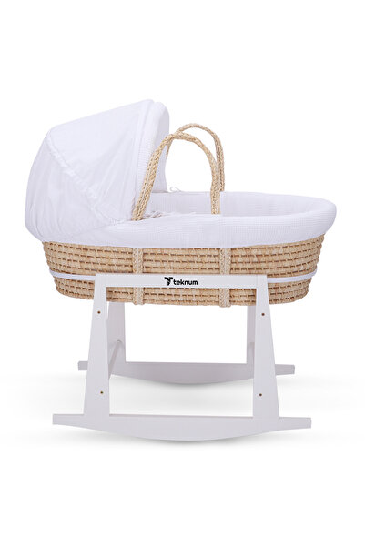 TEKNUM Moses Basket with Waffle Beddings, Mattress and Rocker Stand - Wooden Brown