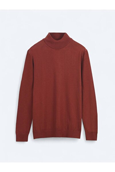 Kip Kırmızı Yarım Balıkçı Yaka Düz Örgü Yün Karışımlı Triko Kazak