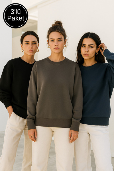 Rich Women's 3-Pack Black - Anthracite - Navy Blue Basic Crew Neck Sweatshirt