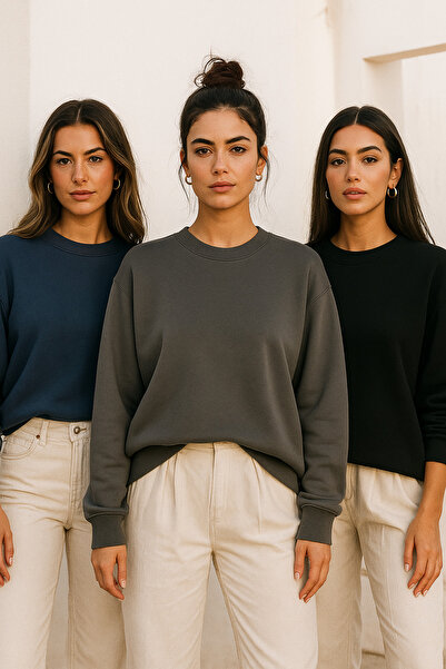 Rich Women's 3-Pack Black - Anthracite - Navy Blue Basic Crew Neck Sweatshirt