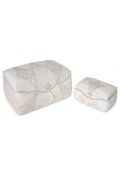 ihvan online Kadife İşlemeli Söz Nişan Düğün Çeyizlik Gelin Bohça Sandık Seti (Büyük+Küçük) - Krem
