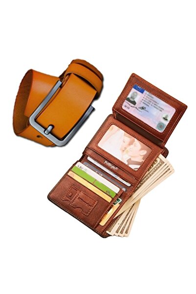 PriStyle Set portofel și curea bărbătească, piele naturală premium, maro deschis