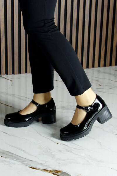 Erkan Saçmacı Black Patent Leather Genuine Leather Mary Jane Thick Heeled Casual Shoes