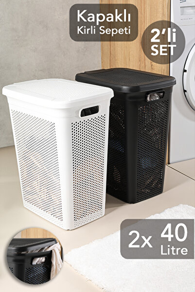 Meleni Home 2'li Kirli Çamaşır Sepeti Seti - 40 Litre Kapaklı Delik Detaylı S...