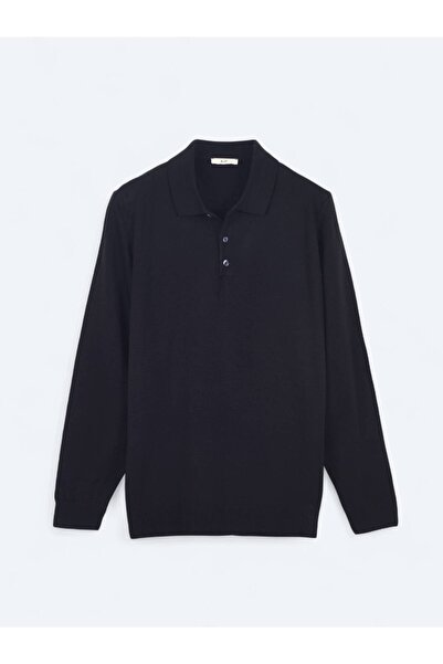 Kip Lacivert Polo Yaka Düz Örgü Triko Kazak