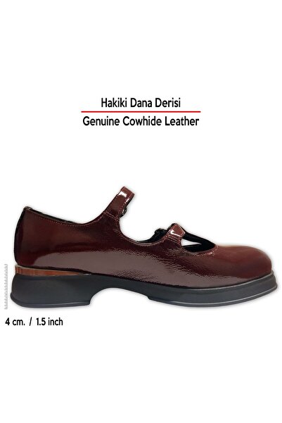 Erkan Saçmacı Burgundy Patent Leather Genuine Cowhide Double Strap Mary Jane Thick Heeled Casual Shoes