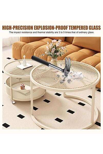 ESMART 2-Piece Nesting Coffee Tables with Shatter-Resistant Glass Top and Steel Frame,Cream White- 80+60cm