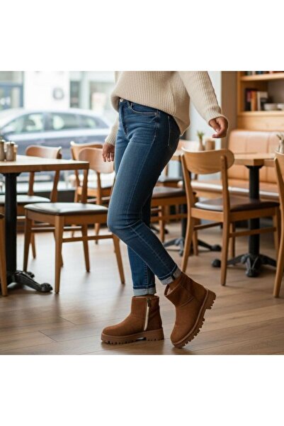 NE&VE SHOES Taba Lüx Süet Fermuarlı İçi Peluş Astarlı Kadın Günlük Bot