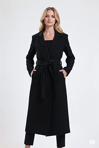 hazelin Palton lung din cașmir cu curea neagră pentru femei HZL25W-BD191471