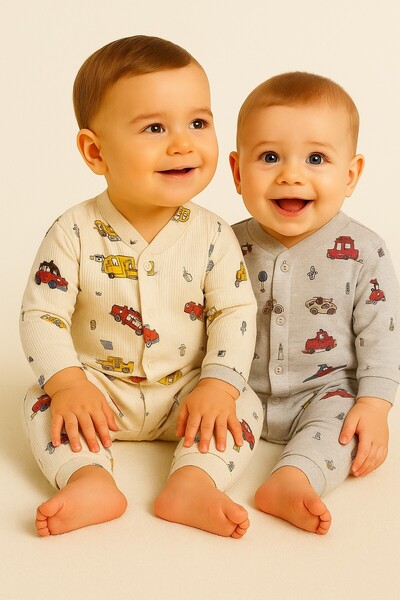 dinamik çocuk Baby Rompers Set of 2-(2Pcs Rompers) Gray and Beige Car Printed Rompers Set 100% Cotton 1-3-6 Months