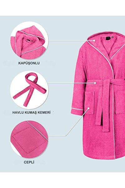 Layvera Girls' and Boys' Bathrobes 100% Cotton |   Hooded+Pocketed+Soft+Piping+Fuchsia