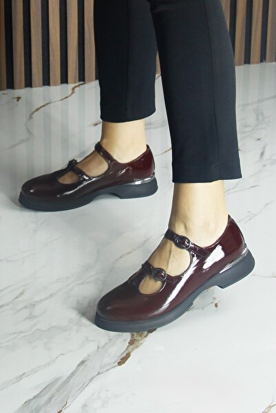 Erkan Saçmacı Burgundy Patent Leather Genuine Cowhide Double Strap Mary Jane Thick Heeled Casual Shoes