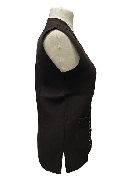Giyinen Mağazaları Brown Emel Front Buttoned Double Pocket Winter Knitted Vest