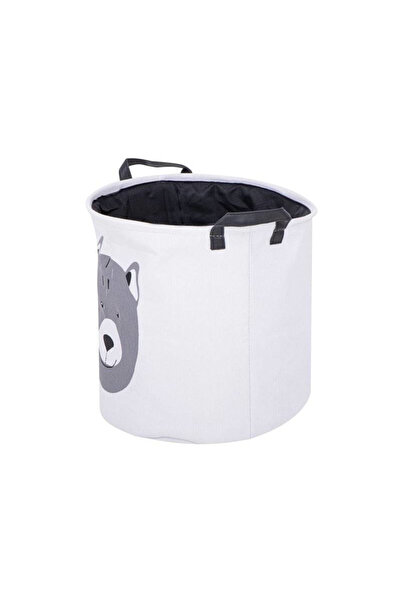 kik Plush Bear Design Toy Organizer Basket, 35x35cm, White/Grey, Cotton Fabric