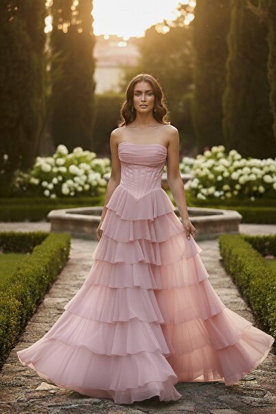 SpringStore Pudra Eteği Şifon Katlı Abiye Elbise