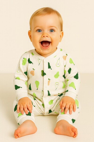 dinamik çocuk Baby Rompers Set of 2-(2Pcs Rompers) Ecru and White Pear Printed Rompers Set 100% Cotton 1-3-6 Months