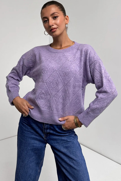 MODA Pulover tricotat cu guler rotund și model baklava violet