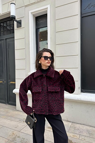 mylove معطف قصير فاخر من فرو الأسد باللون الأحمر الداكن