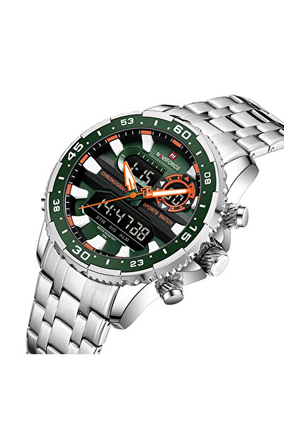 Naviforce Ceas bărbătesc cu alarmă dublă, oră și dată, lux, militar, oțel, argintiu, verde