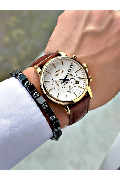 Slazenger Functional Brown-Gold Color 10 Atm Water Resistant Steel Case Men's Wristwatch 2481.06Mr