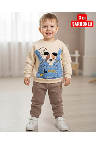 VOY KİDS Boy's Winter 3-Strand Ribbed Cool Tracksuit Set with Pocket Detail for Ages 2-3-4-5