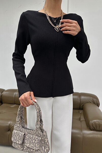 mylove Bisiklet Yaka Peplum Triko Kazak Siyah