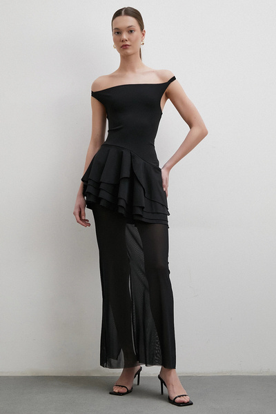 TRENDQUEL Boyun Askılı Fırfırlı Tül Elbise Siyah