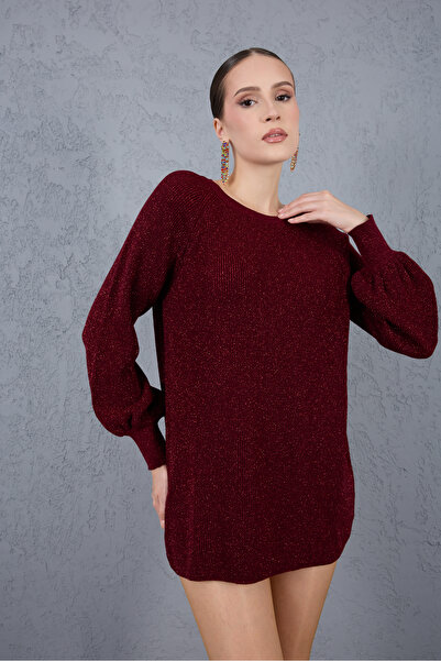 Clothes Fast Women's Burgundy Raglan Balloon Sleeve Crew Neck Glitter Knit Sweater