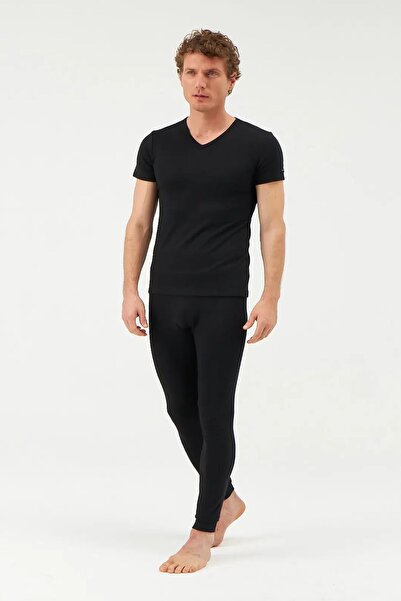 Dagi 6030V6250 Men's Short Sleeve V-Neck Thermal Underwear Suit-Black