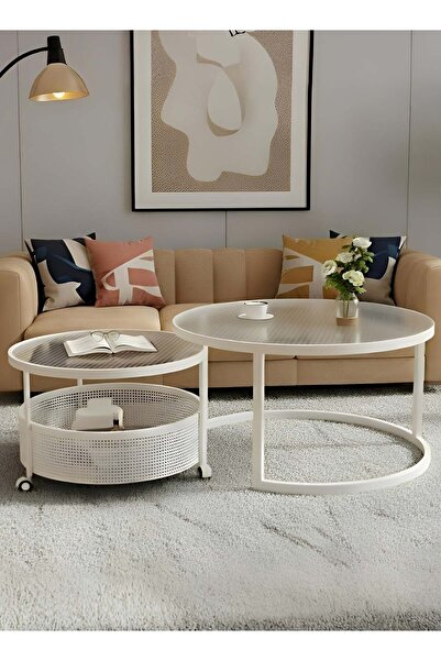 ESMART 2-Piece Nesting Coffee Tables with Shatter-Resistant Glass Top and Steel Frame,Cream White- 80+60cm