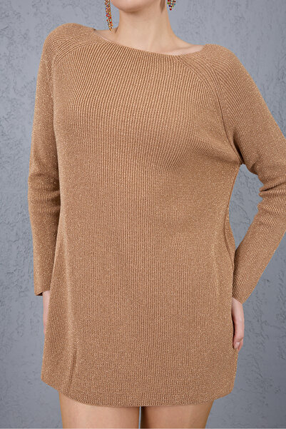 Moda Days Pulover de damă, bej, cu mâneci raglan, cu gât barcă, tricotat cu sclipici