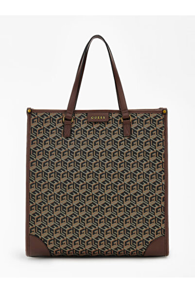 Guess Geantă de mână maro, rezistentă la apă, cu logo mare și accente aurii