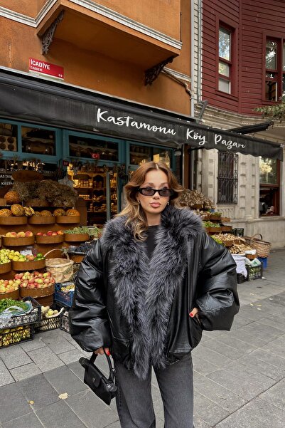 mylove Kürk Yakalı Deri Görünümlü Premium Mont Siyah