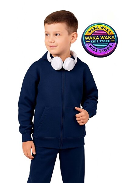 ww waka waka kids store Boy's Navy Blue Zippered Hooded Cardigan