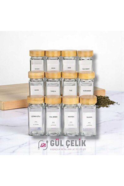 KAVEH طقم 12 وعاء توابل من الخيزران مع أغطية ورؤوس للرش وملصقات