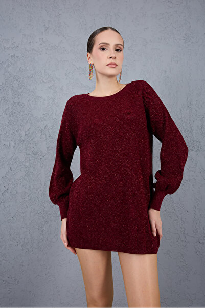Clothes Fast Women's Burgundy Raglan Balloon Sleeve Crew Neck Glitter Knit Sweater