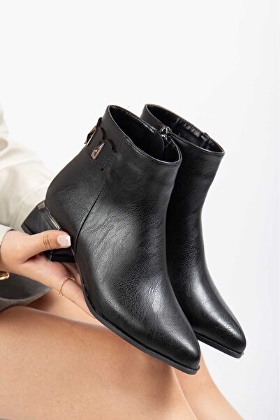 Dubais Shoes siyah galvaniz 4 cm topuklu pim aksesuarlı günlük şık kadın bot ...