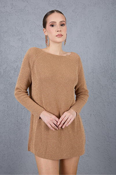 Moda Days Pulover de damă, bej, cu mâneci raglan, cu gât barcă, tricotat cu sclipici